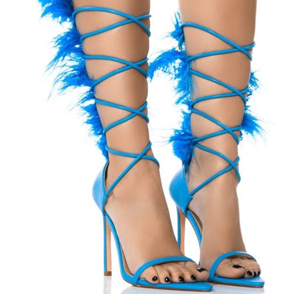AZALEA WANG " THE GREAT GADSBY AFFAIR " FEATHER SANDAL IN BLUE  ( BRAND NEW !!!! - Picture 1 of 8